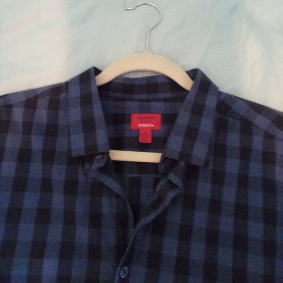 ALFANI SLIM FIT STRETCH XL 17.5" x 35" COTTON BUTTON UP BLUE BLACK BUFFALO CHECK - Picture 5 of 7